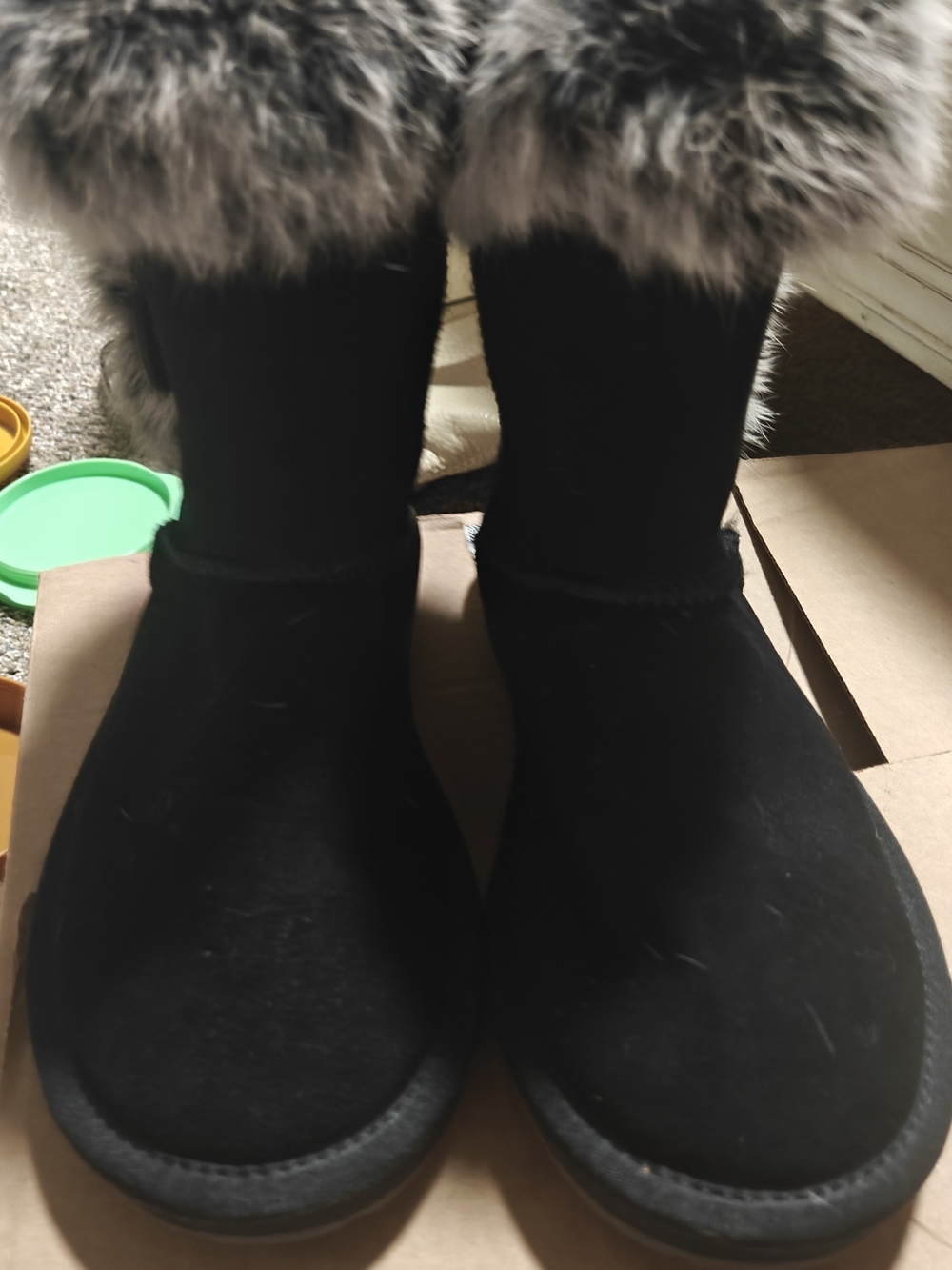 UGG Black Suede-Like Winter Boots with Faux-Fur Cuff
